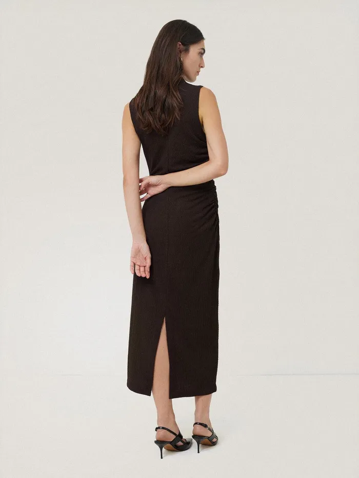 Women Crinkle Ruched Corsage Dress Dark Brown Jigsaw Dresses and Jumpsuits