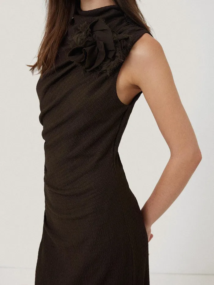 Women Crinkle Ruched Corsage Dress Dark Brown Jigsaw Dresses and Jumpsuits