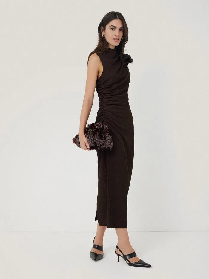 Women Crinkle Ruched Corsage Dress Dark Brown Jigsaw Dresses and Jumpsuits