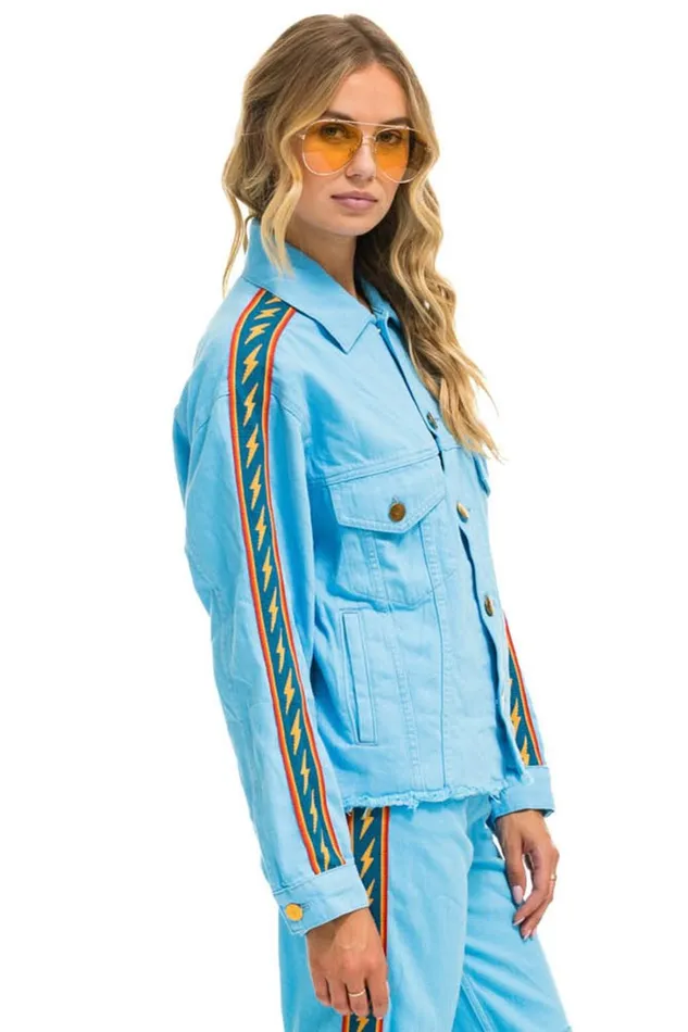Women Denim Aviator Nation BOLT STRIPE OVERSIZED CUTOFF DENIM JACKET 8211 SKY