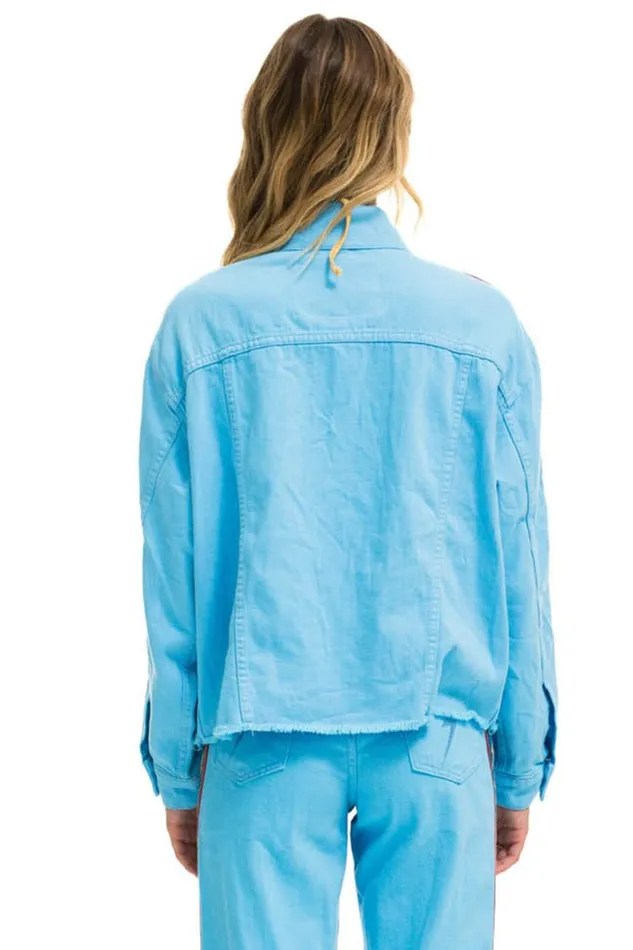 Women Denim Aviator Nation BOLT STRIPE OVERSIZED CUTOFF DENIM JACKET 8211 SKY