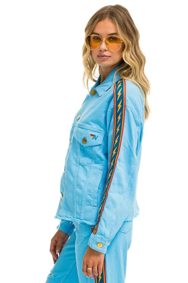Women Denim Aviator Nation BOLT STRIPE OVERSIZED CUTOFF DENIM JACKET 8211 SKY