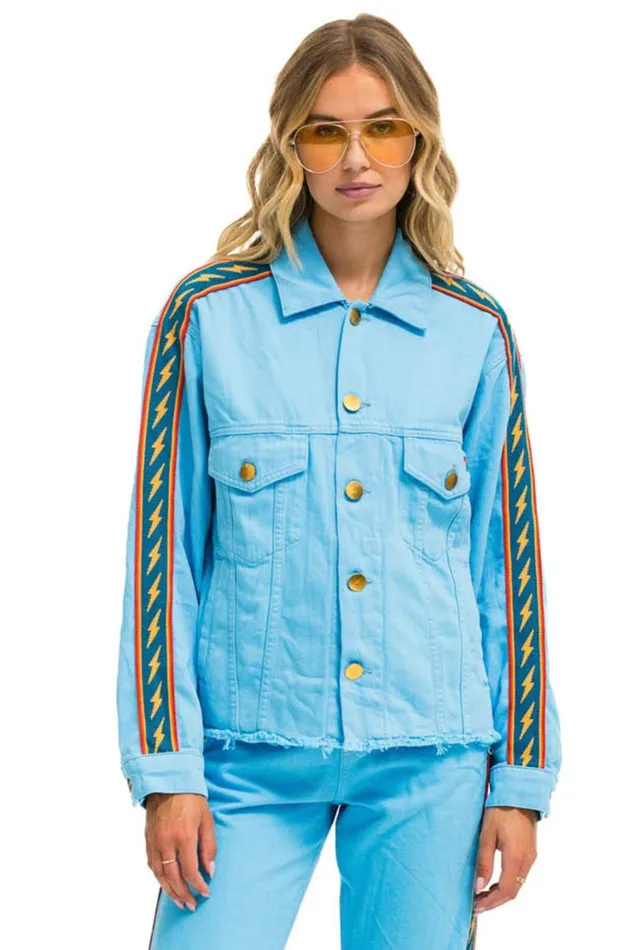 Women Denim Aviator Nation BOLT STRIPE OVERSIZED CUTOFF DENIM JACKET 8211 SKY