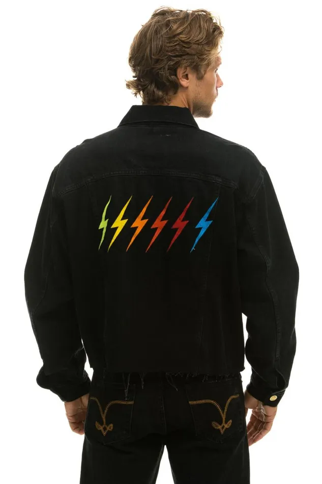 Women Denim Aviator Nation RAINBOW BOLT OVERSIZED CROP DENIM JACKET 8211 VINTAGE BLACK