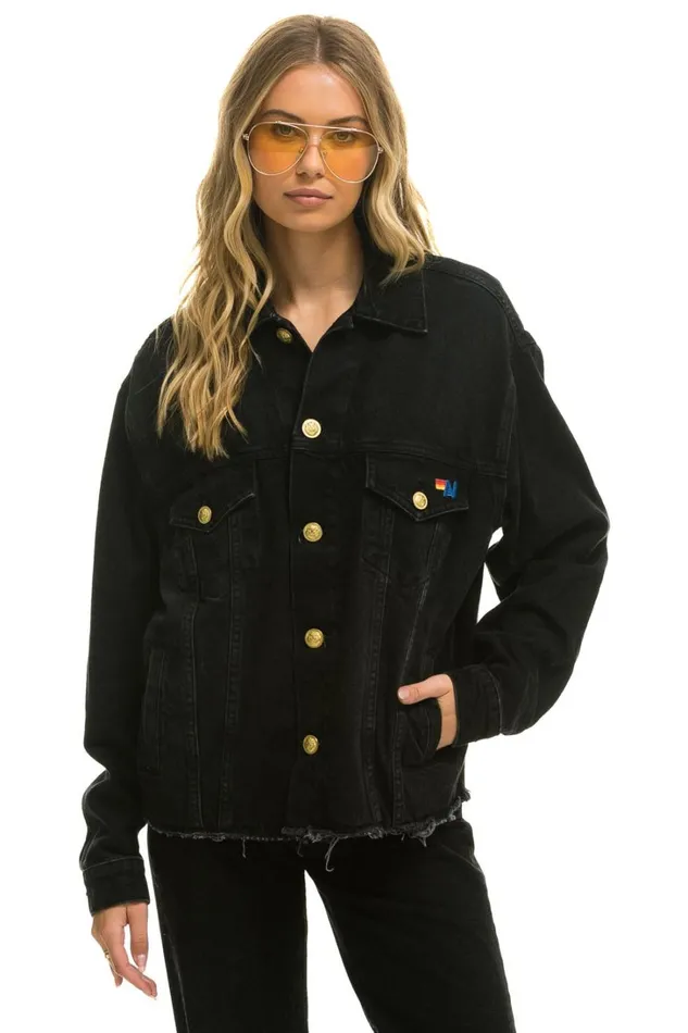 Women Denim Aviator Nation RAINBOW BOLT OVERSIZED CROP DENIM JACKET 8211 VINTAGE BLACK