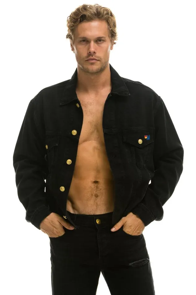 Women Denim Aviator Nation RAINBOW BOLT OVERSIZED CROP DENIM JACKET 8211 VINTAGE BLACK