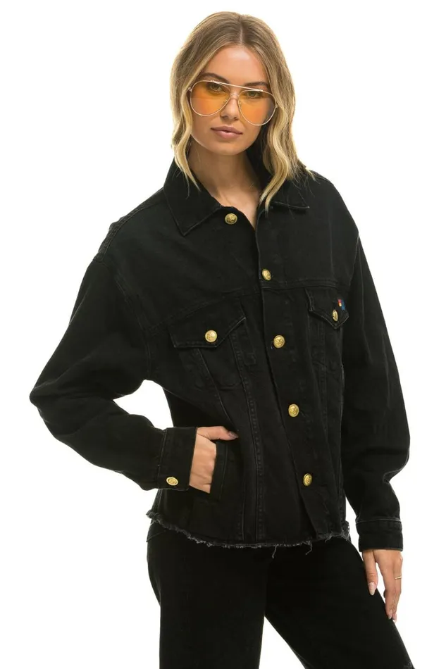 Women Denim Aviator Nation RAINBOW BOLT OVERSIZED CROP DENIM JACKET 8211 VINTAGE BLACK