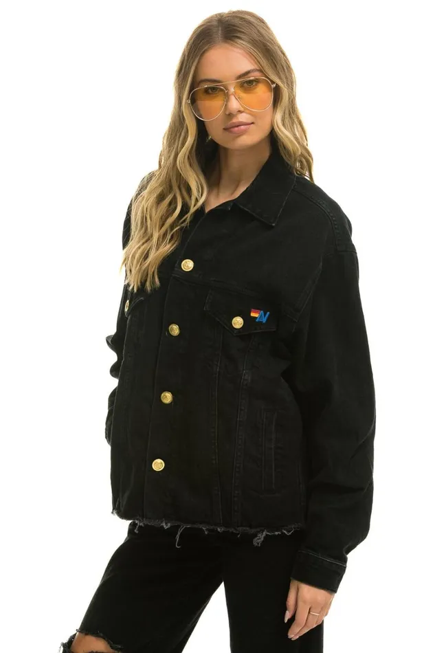 Women Denim Aviator Nation RAINBOW BOLT OVERSIZED CROP DENIM JACKET 8211 VINTAGE BLACK