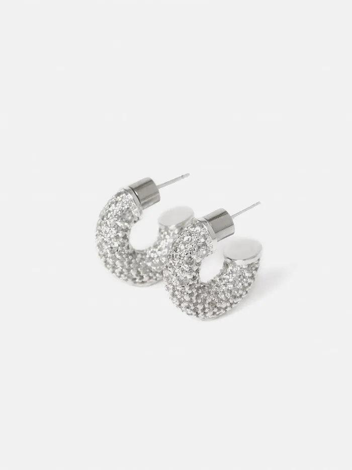Women Diamante Hoop Earrings Silver Jigsaw Party