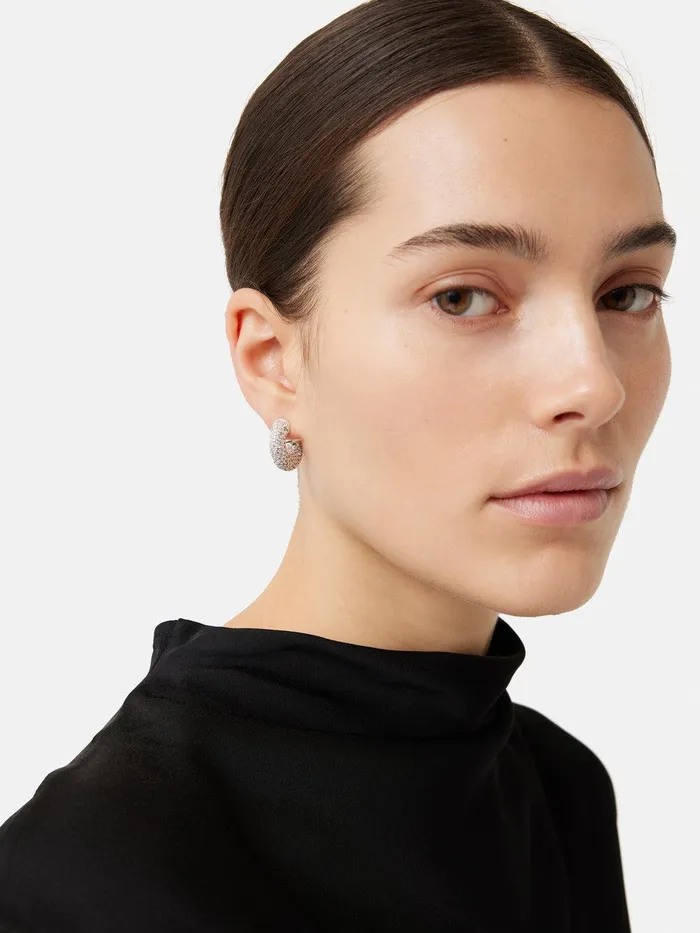 Women Diamante Hoop Earrings Silver Jigsaw Party