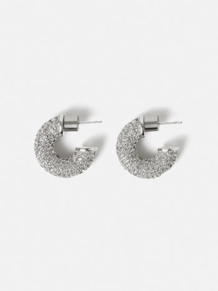 Women Diamante Hoop Earrings Silver Jigsaw Party