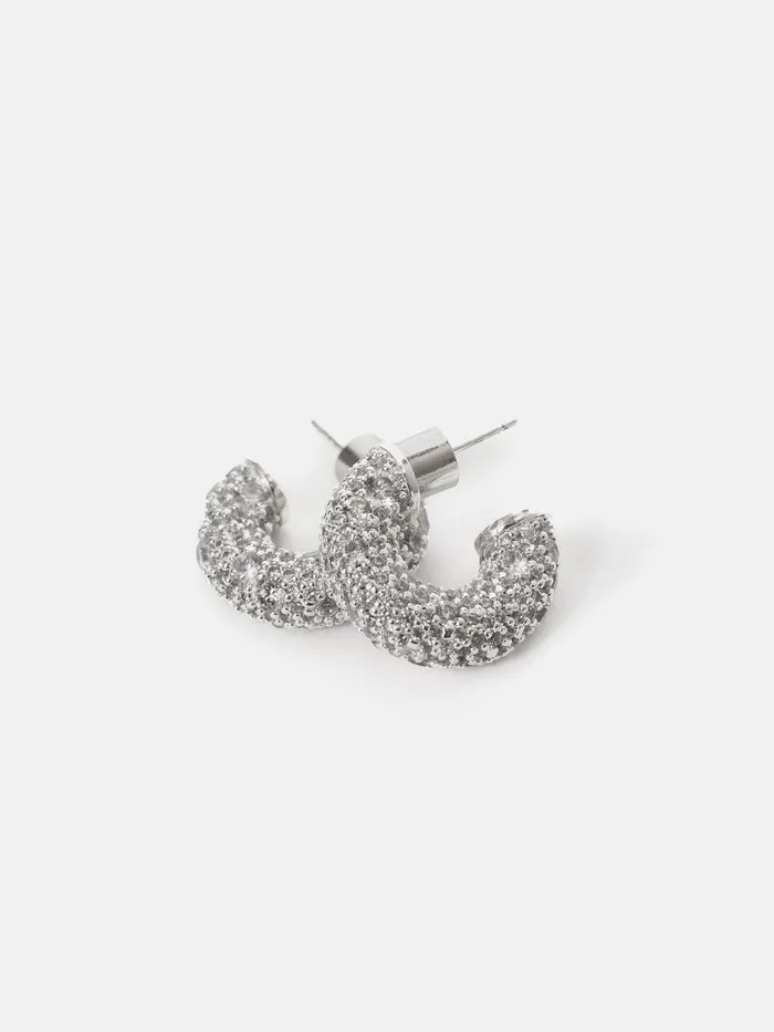 Women Diamante Hoop Earrings Silver Jigsaw Party