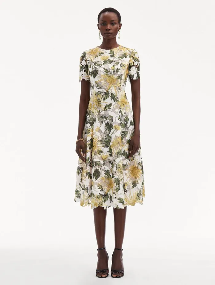 Women Dresses Oscar De La Renta Chrysanthemum Guipure Dress Yellow Ivory