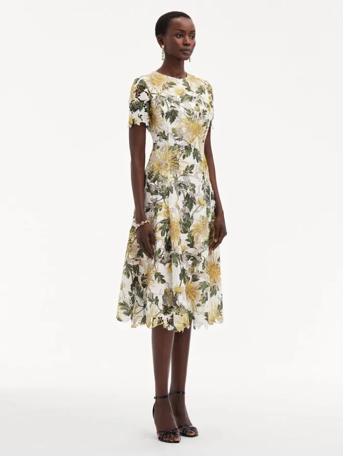Women Dresses Oscar De La Renta Chrysanthemum Guipure Dress Yellow Ivory