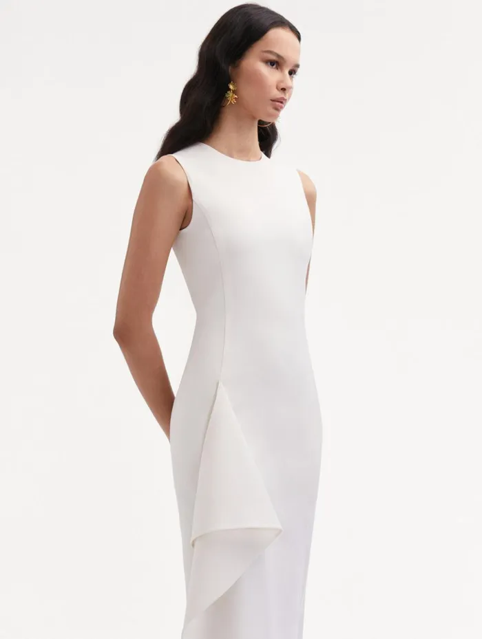 Women Dresses Oscar De La Renta Draped Asymmetrical Wool Dress Off White Women Dresses Oscar De La Renta Draped Asymmetrical Wool Dress Off White