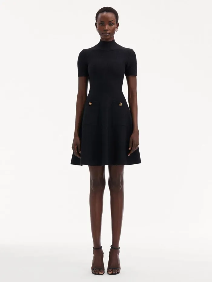 Women Dresses Oscar De La Renta O Flower Knit Mini Dress Charcoal Women Dresses Oscar De La Renta O Flower Knit Mini Dress Charcoal
