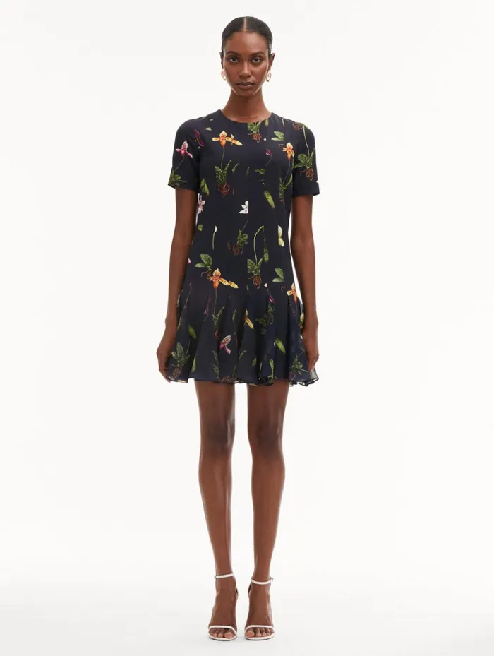 Women Dresses Oscar De La Renta Orchid Cady Inset Mini Dress Navy Multi