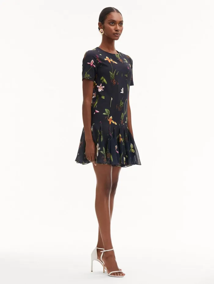 Women Dresses Oscar De La Renta Orchid Cady Inset Mini Dress Navy Multi