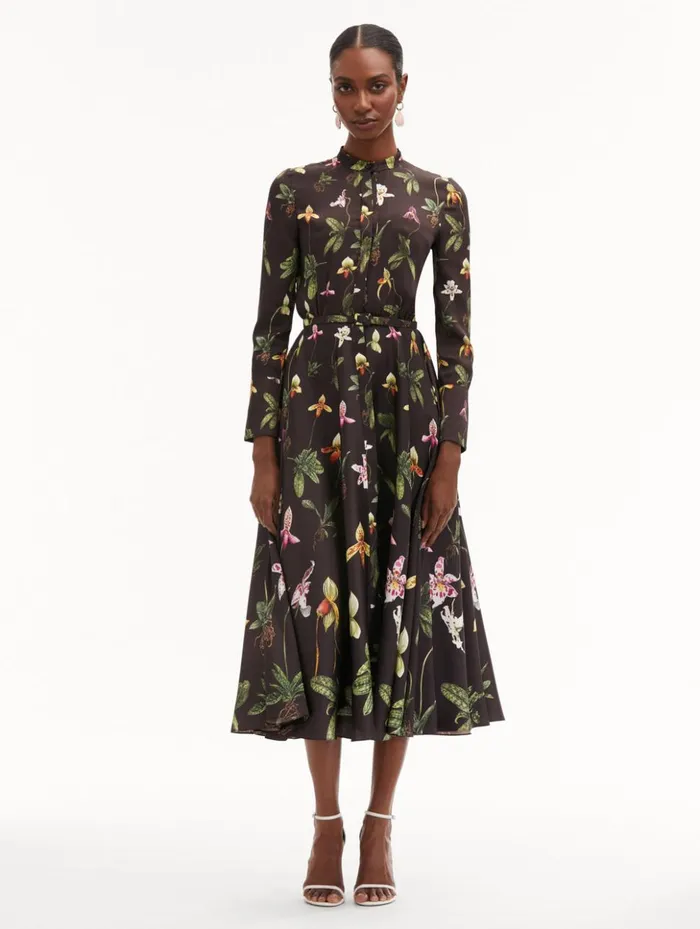 Women Dresses Oscar De La Renta Orchid Silk Twill Dress Brown Multi