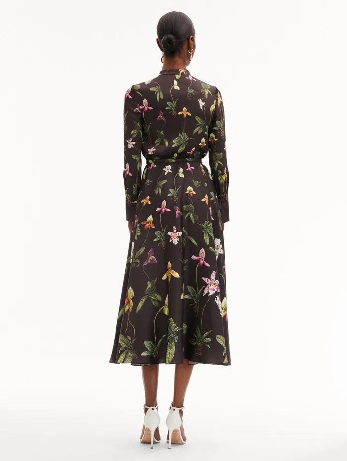 Women Dresses Oscar De La Renta Orchid Silk Twill Dress Brown Multi