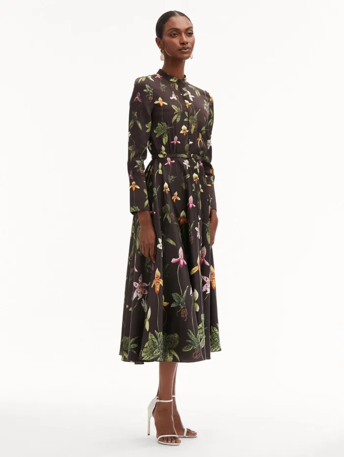 Women Dresses Oscar De La Renta Orchid Silk Twill Dress Brown Multi