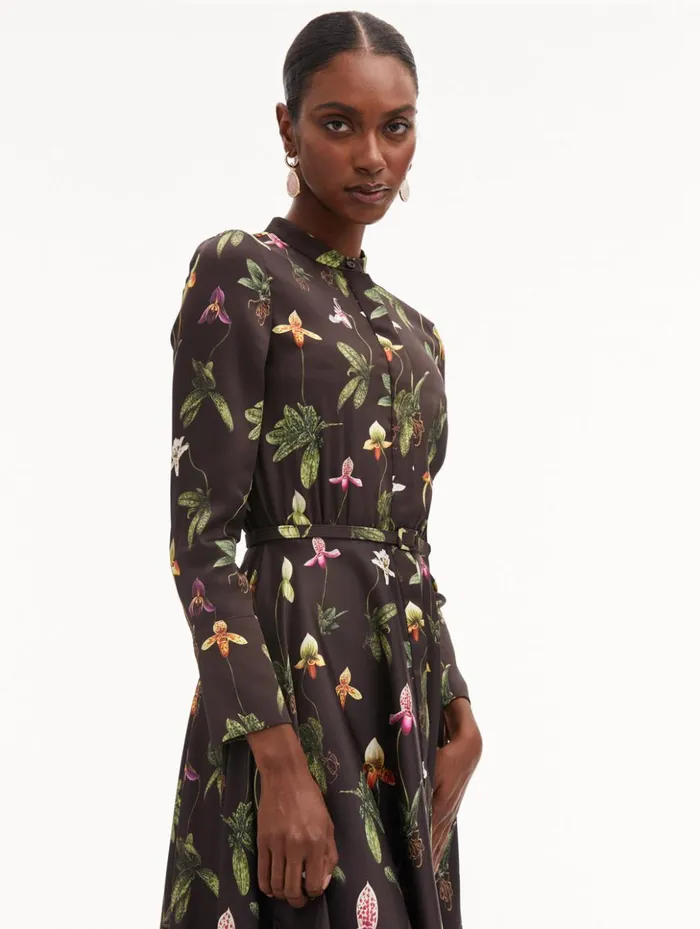 Women Dresses Oscar De La Renta Orchid Silk Twill Dress Brown Multi