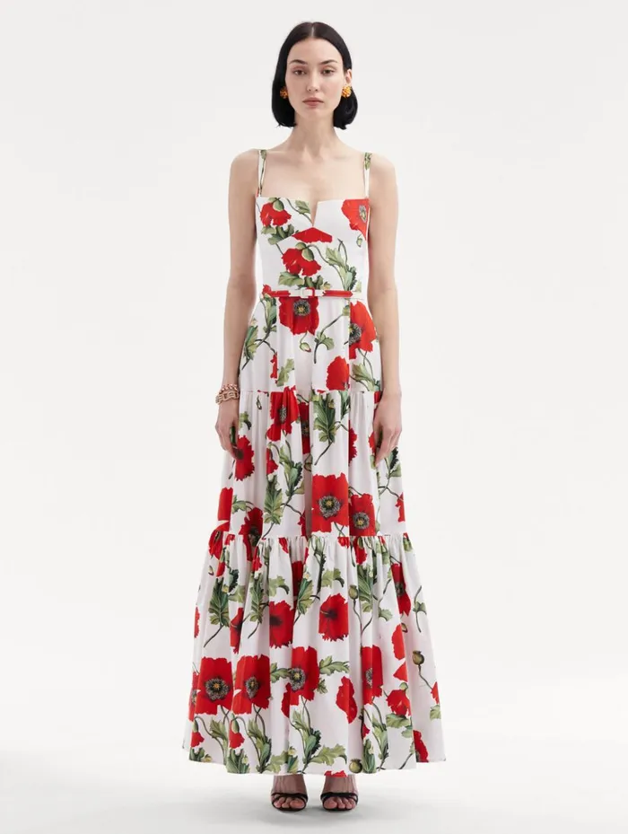 Women Dresses Oscar De La Renta Poppy Cotton Poplin Tiered Maxi Dress White Red Women Dresses Oscar De La Renta Poppy Cotton Poplin Tiered Maxi Dress White Red