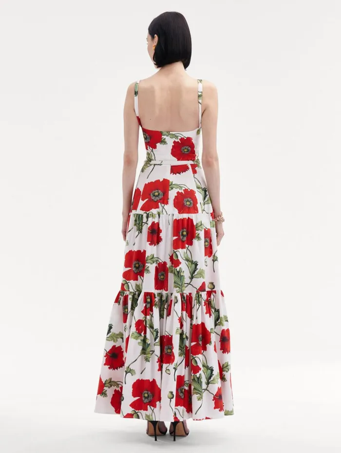Women Dresses Oscar De La Renta Poppy Cotton Poplin Tiered Maxi Dress White Red Women Dresses Oscar De La Renta Poppy Cotton Poplin Tiered Maxi Dress White Red
