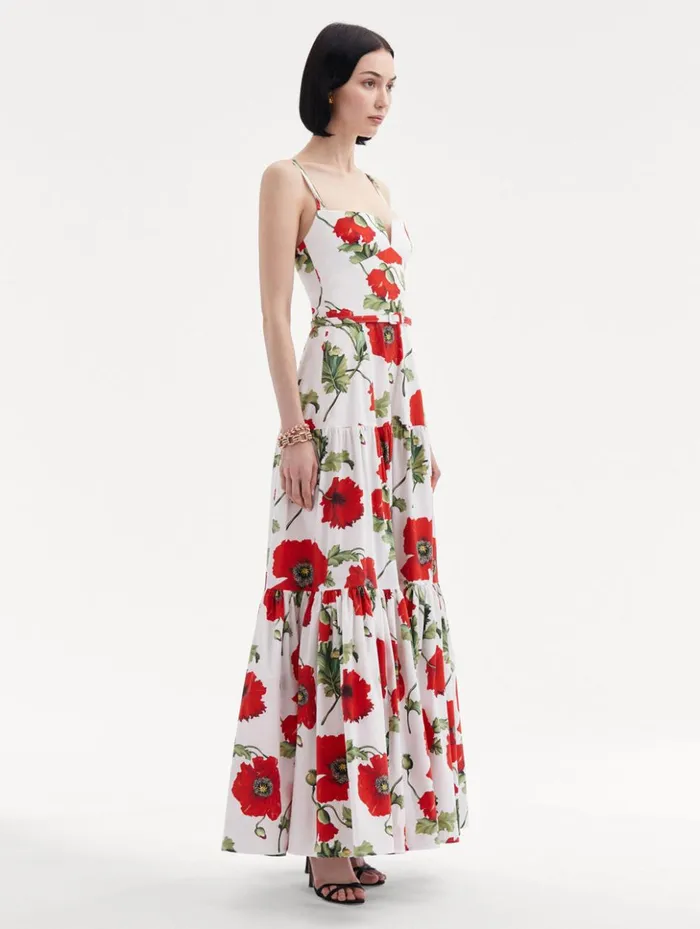 Women Dresses Oscar De La Renta Poppy Cotton Poplin Tiered Maxi Dress White Red Women Dresses Oscar De La Renta Poppy Cotton Poplin Tiered Maxi Dress White Red