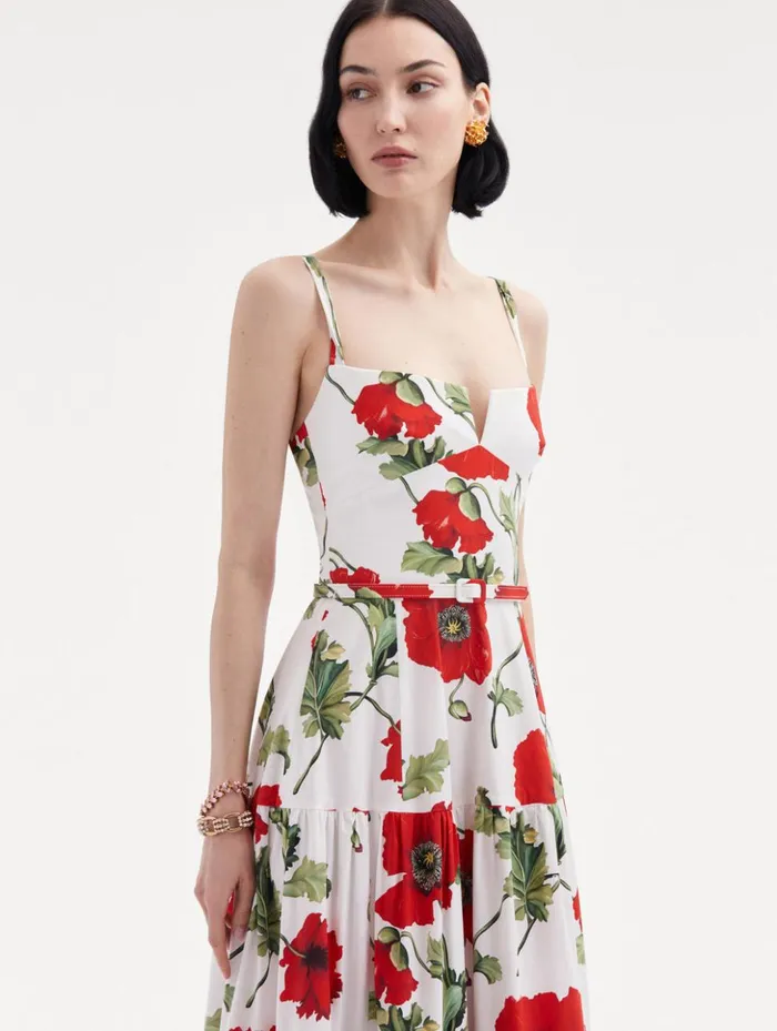 Women Dresses Oscar De La Renta Poppy Cotton Poplin Tiered Maxi Dress White Red Women Dresses Oscar De La Renta Poppy Cotton Poplin Tiered Maxi Dress White Red