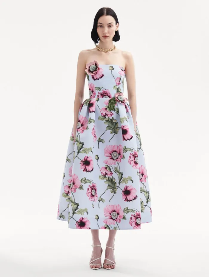 Women Dresses Oscar De La Renta Poppy Embroidered Strapless Dress Light Blue Pink