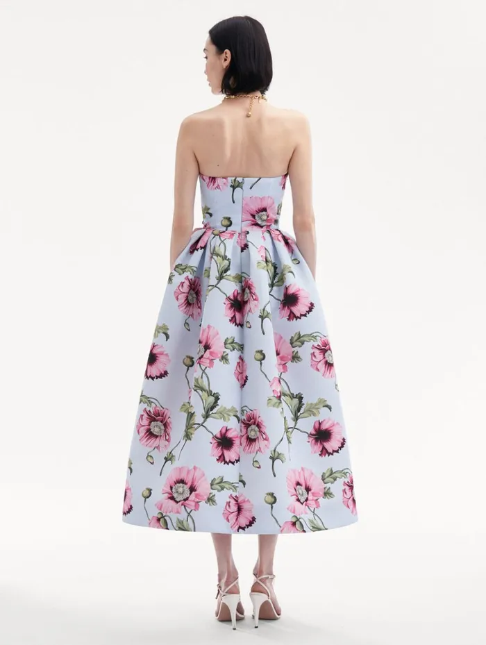 Women Dresses Oscar De La Renta Poppy Embroidered Strapless Dress Light Blue Pink
