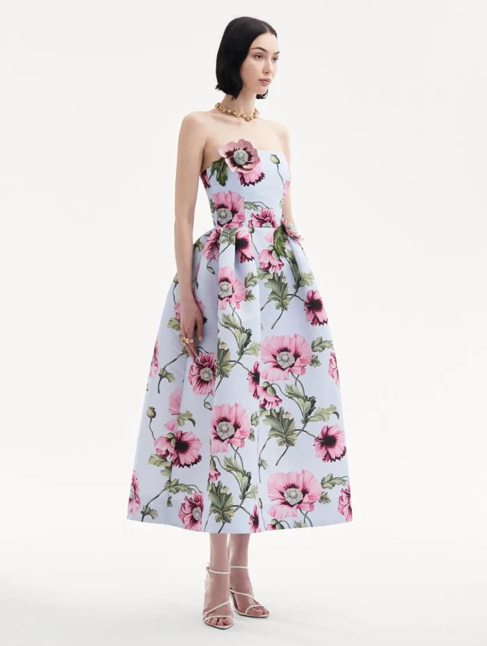 Women Dresses Oscar De La Renta Poppy Embroidered Strapless Dress Light Blue Pink