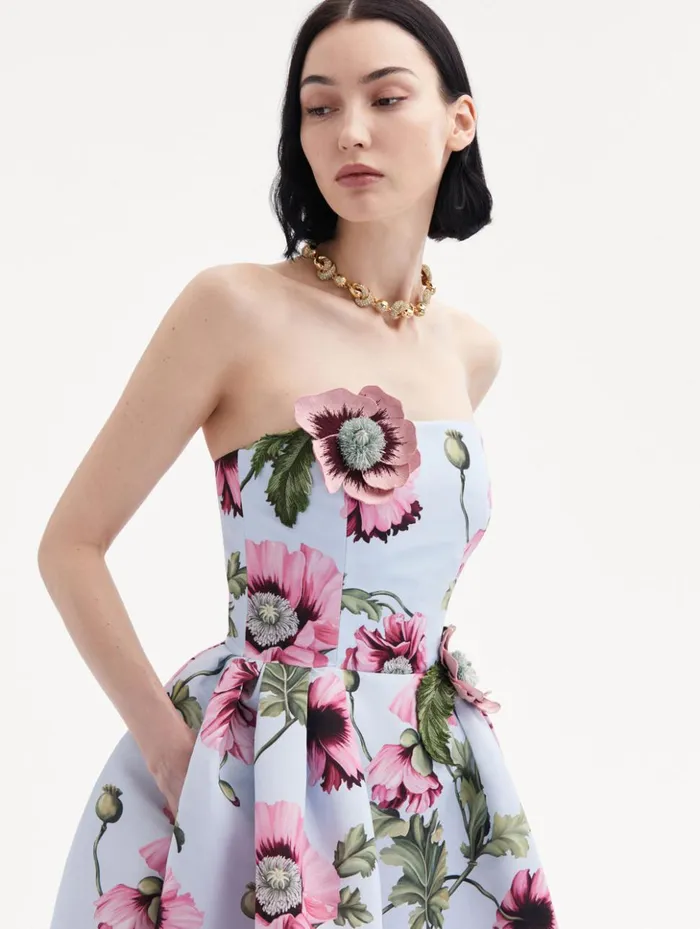 Women Dresses Oscar De La Renta Poppy Embroidered Strapless Dress Light Blue Pink