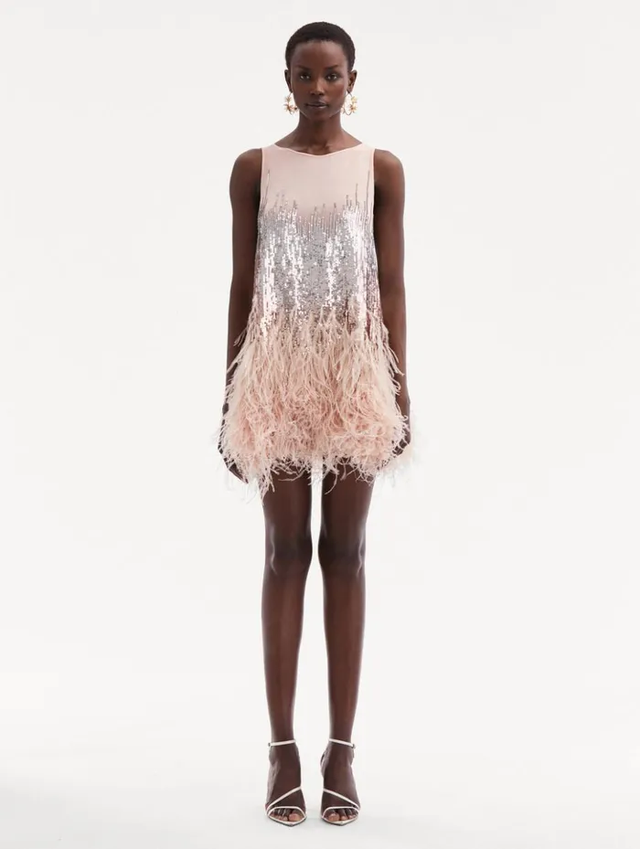 Women Dresses Oscar De La Renta Sequin and Feather Embroidered Dress Blush Women Dresses Oscar De La Renta Sequin and Feather Embroidered Dress Blush