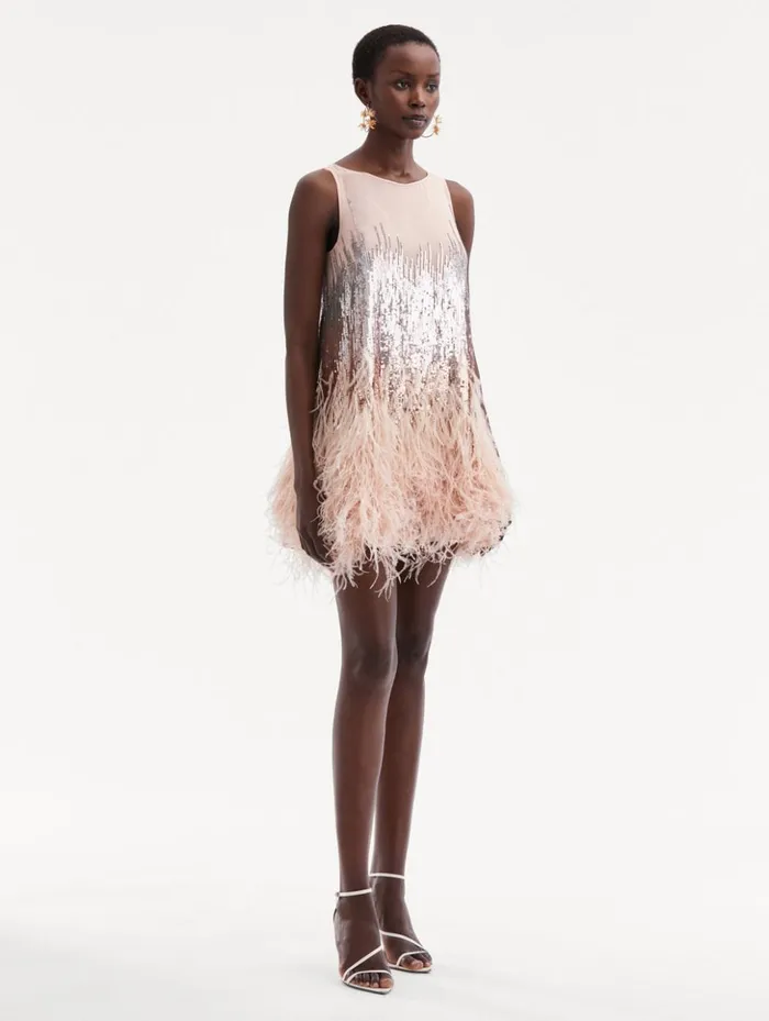 Women Dresses Oscar De La Renta Sequin and Feather Embroidered Dress Blush Women Dresses Oscar De La Renta Sequin and Feather Embroidered Dress Blush