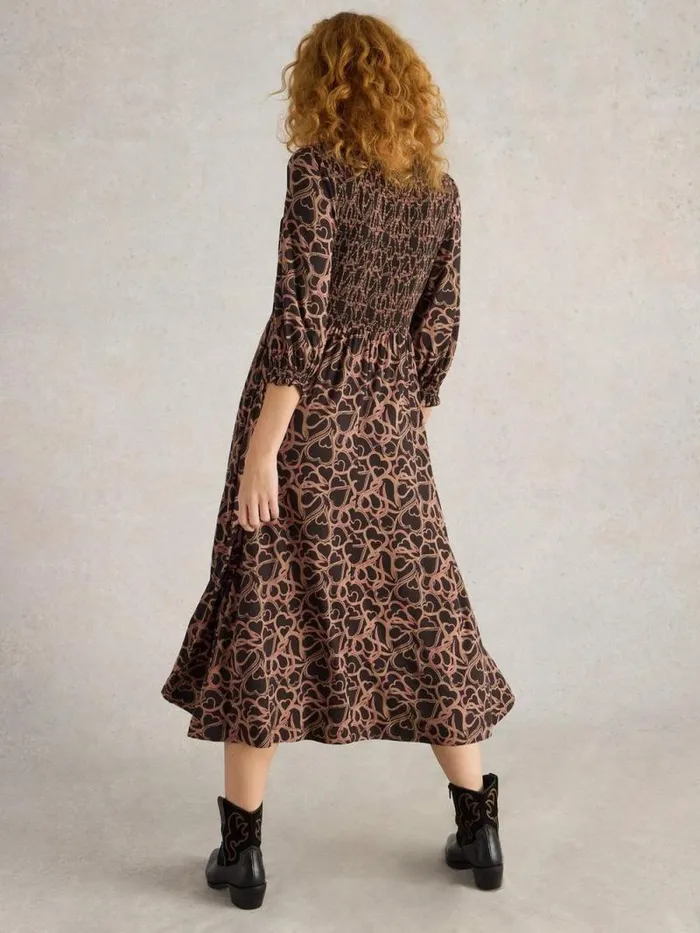 Women Emily Shirred Jersey Midi Dress Black Print White Stuff Dresses