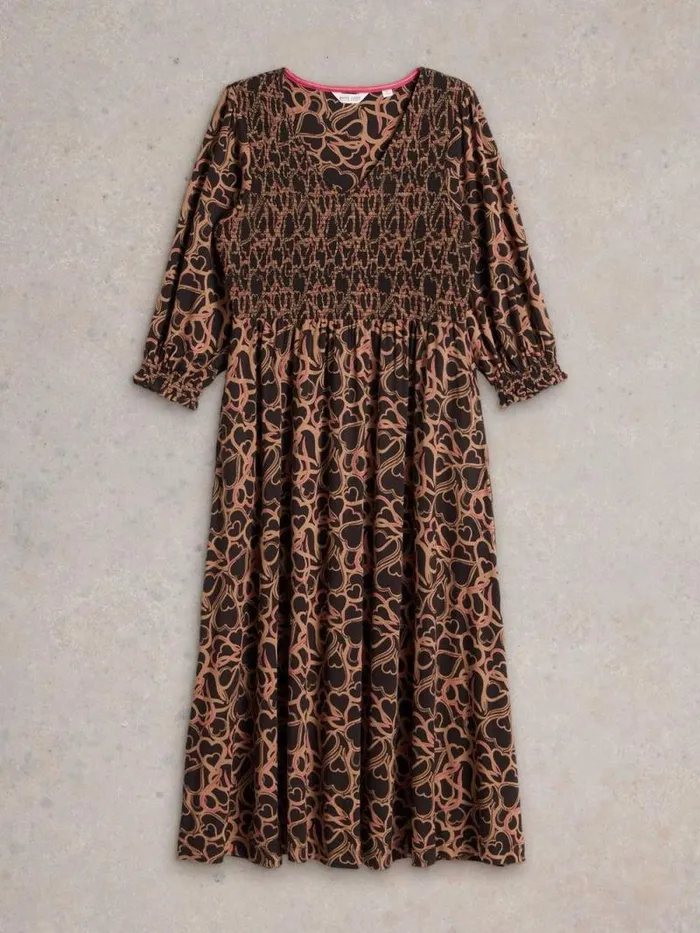 Women Emily Shirred Jersey Midi Dress Black Print White Stuff Dresses