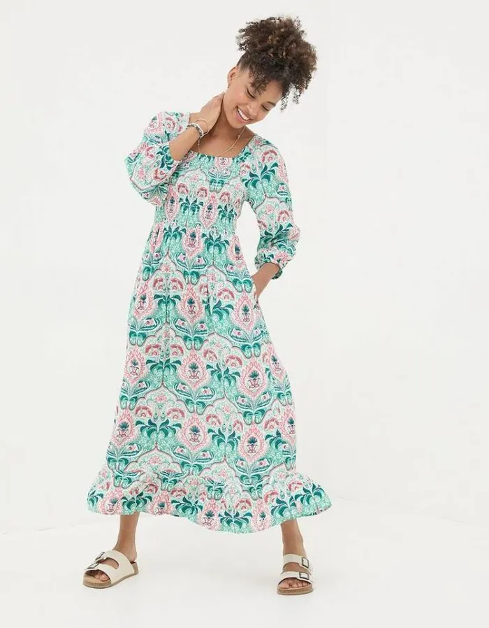 Women FatFace Festival Collection Adele Mirrored Paisley Midi Dress Teal Green