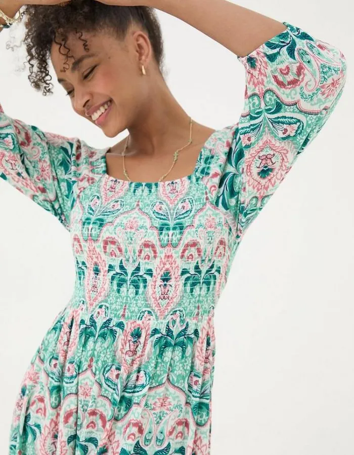 Women FatFace Festival Collection Adele Mirrored Paisley Midi Dress Teal Green