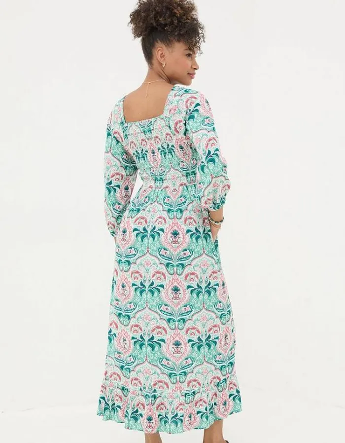 Women FatFace Festival Collection Adele Mirrored Paisley Midi Dress Teal Green