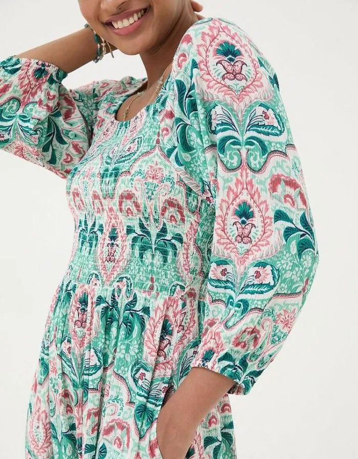 Women FatFace Festival Collection Adele Mirrored Paisley Midi Dress Teal Green