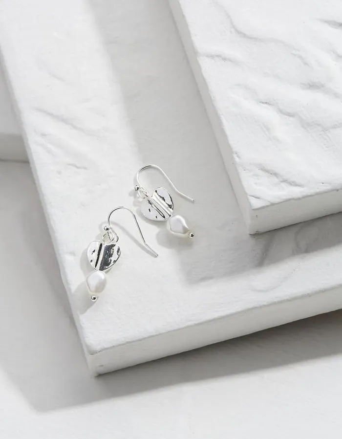 Women FatFace Jewelry Heart Pearl Earrings Silver