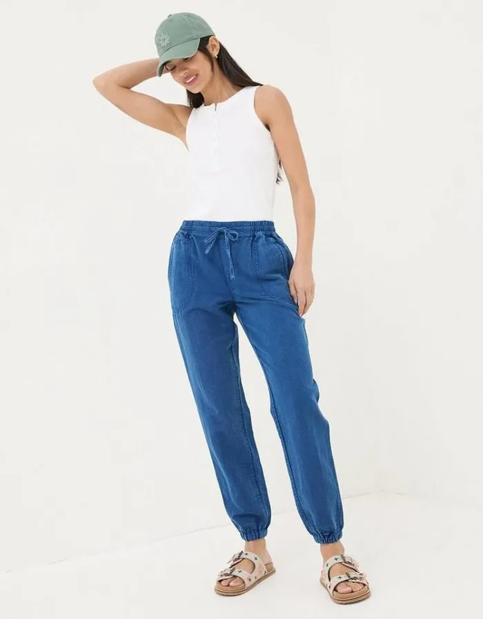 Women FatFace Pants and Leggings Lyme Linen Blend Joggers Blue