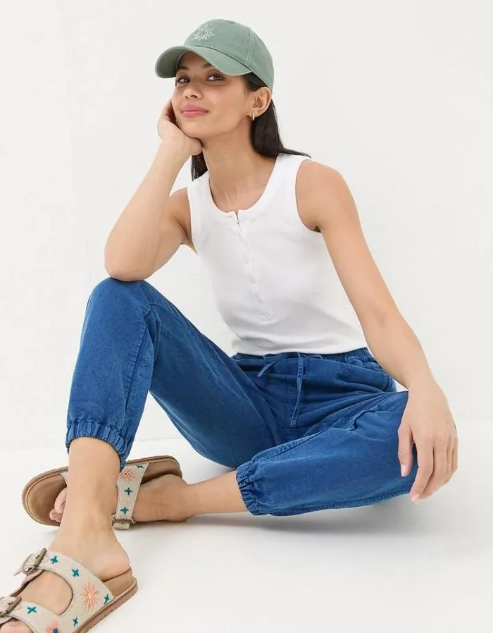 Women FatFace Pants and Leggings Lyme Linen Blend Joggers Blue