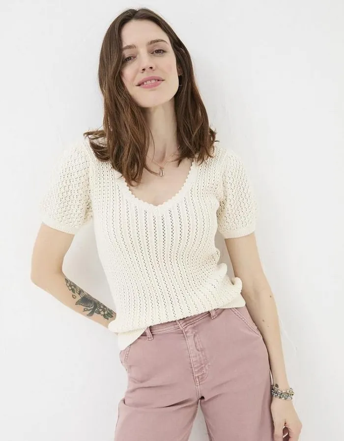 Women FatFace Tops and TShirts Ava Stitch T Shirt Ivory