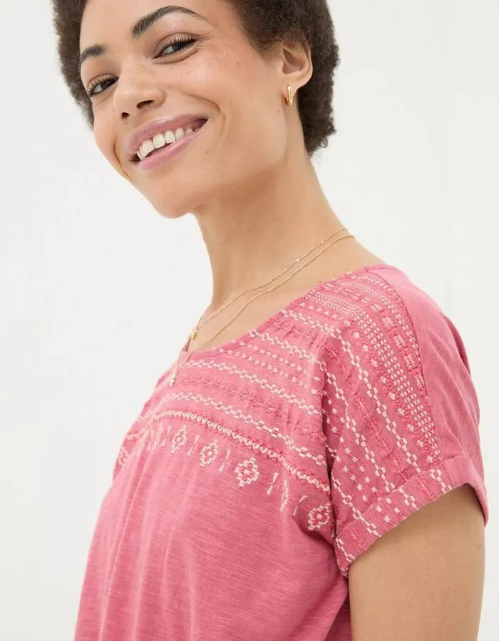 Women FatFace Tops and TShirts Fran Embroidered Tie Front TShirt Rose Pink