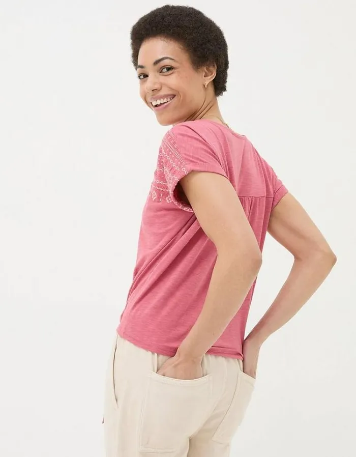 Women FatFace Tops and TShirts Fran Embroidered Tie Front TShirt Rose Pink
