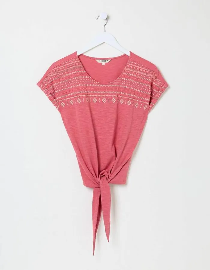 Women FatFace Tops and TShirts Fran Embroidered Tie Front TShirt Rose Pink