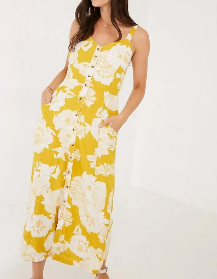 Women FatFace Women039s Sale Corey Linear Bloom Maxi Sundress Mid Yellow